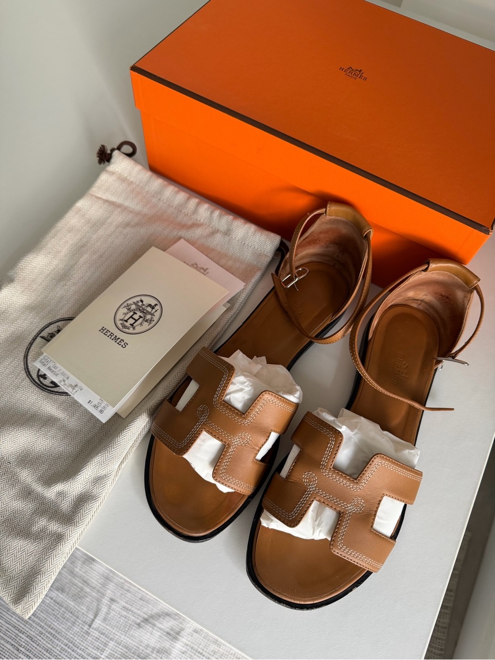 Hermes Brown Leather Ankle Strap Sandals